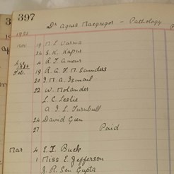 Dr. Agnes Macgregor’s Entry in a Fee Account Ledger 1925, Showing a List of Her Pathology Students, SOM 3/2/2