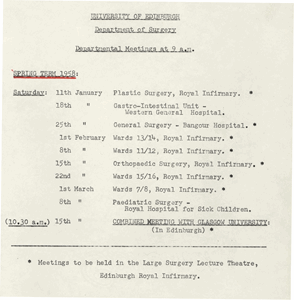 Department of Surgery, Saturday Morning Meeting Programme, Spring Term 1958 (LSA 2/1/2/2)