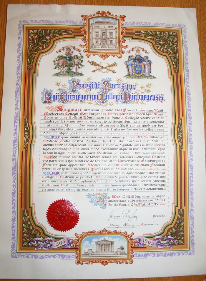 1905 Illuminated congratulatory manuscript presented by the Royal College of Physicians of Edinburgh